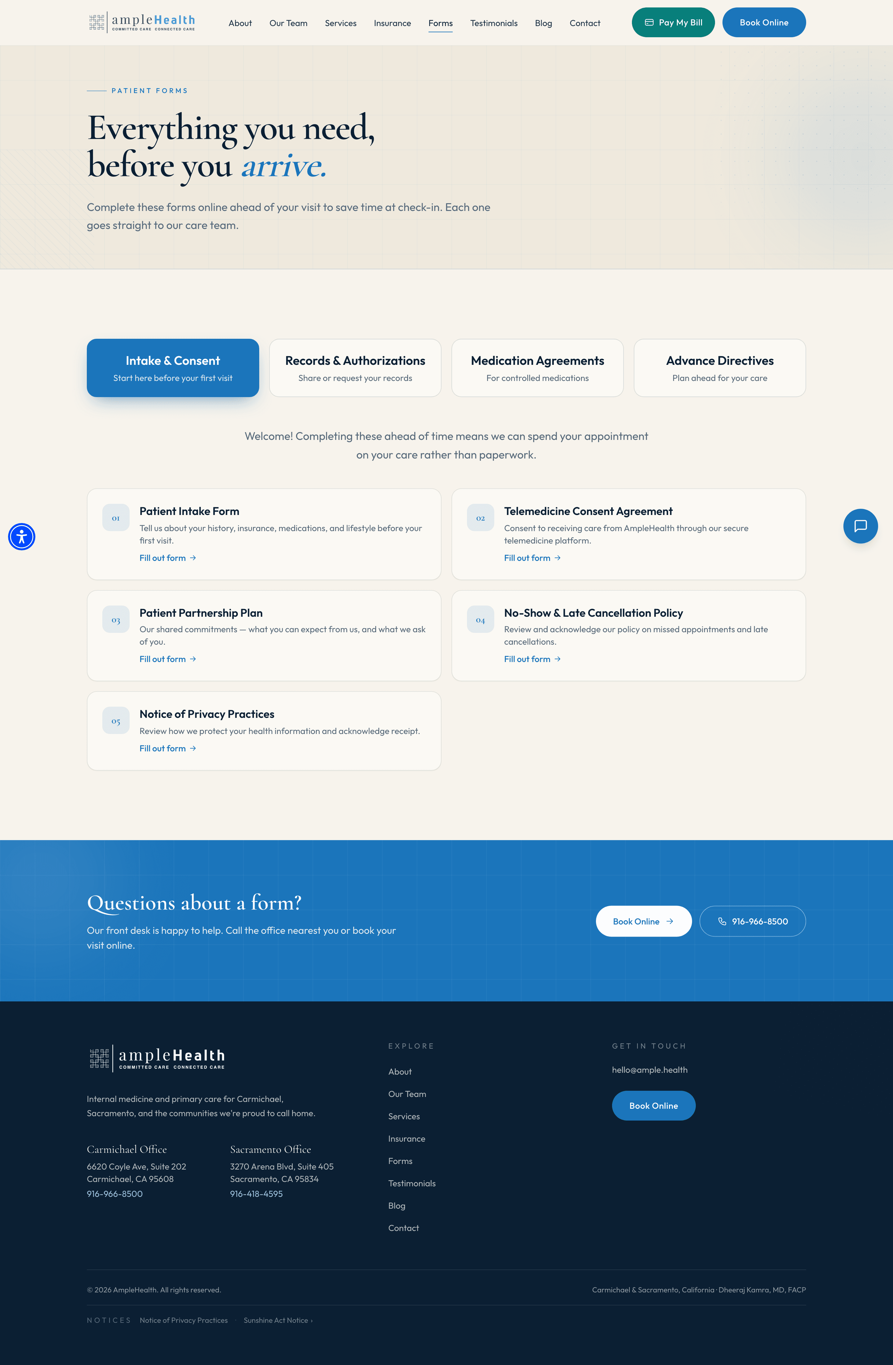 AmpleHealth forms page, desktop